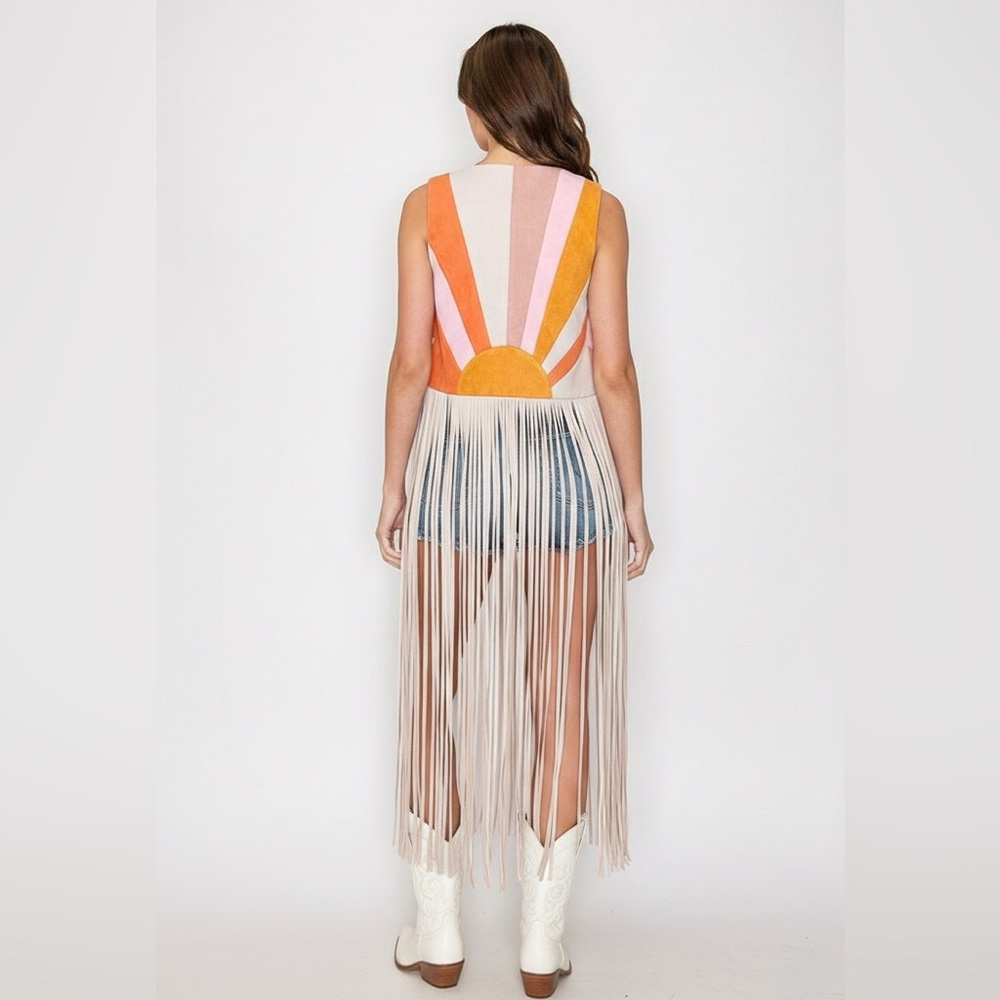🌅 Boho Western Color Block Fringe Vest – Pink Sunrise Multi